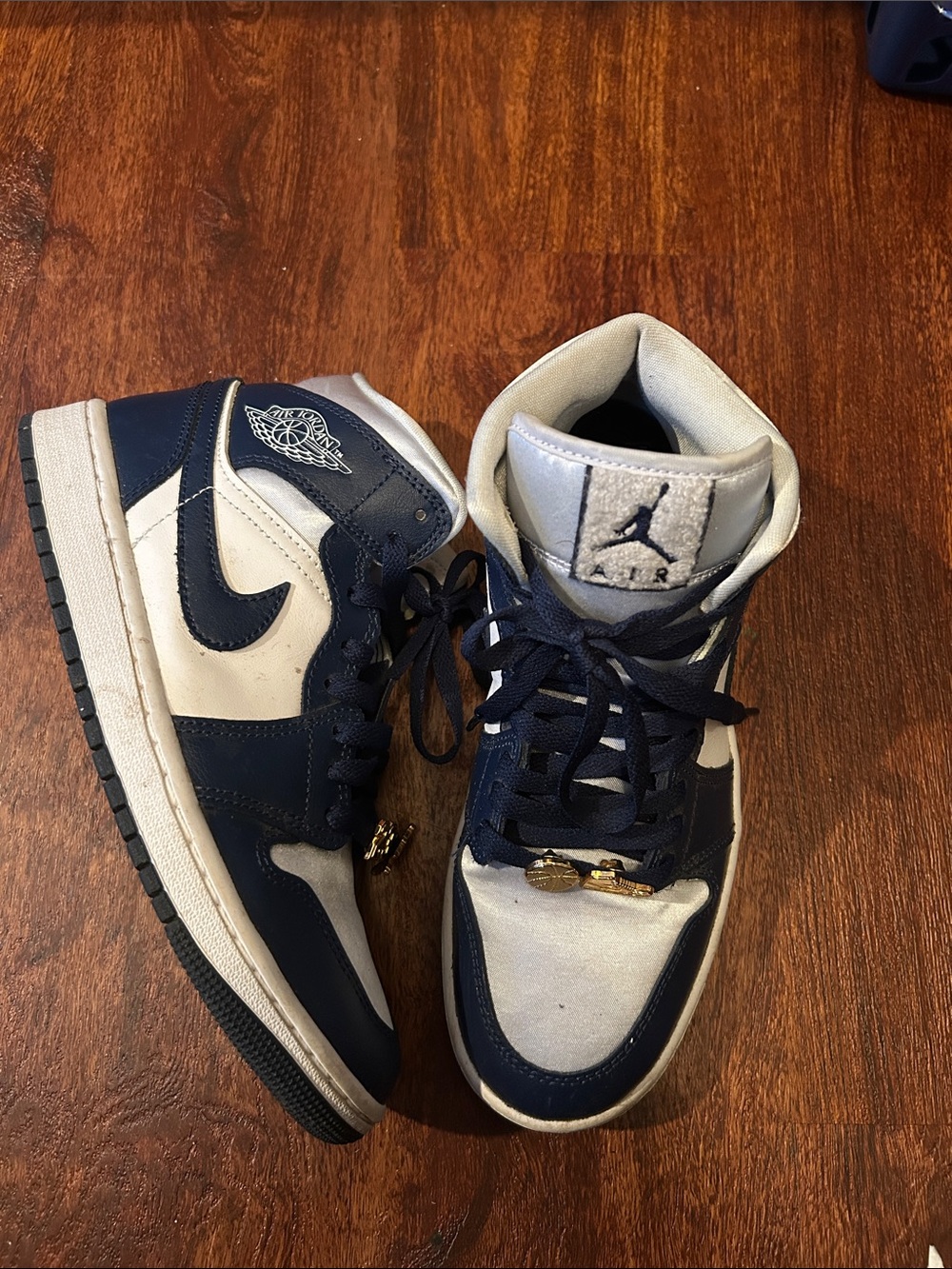 Nike Air Jordan 1 Mid Sneakers - Navy & White with Gold Accents